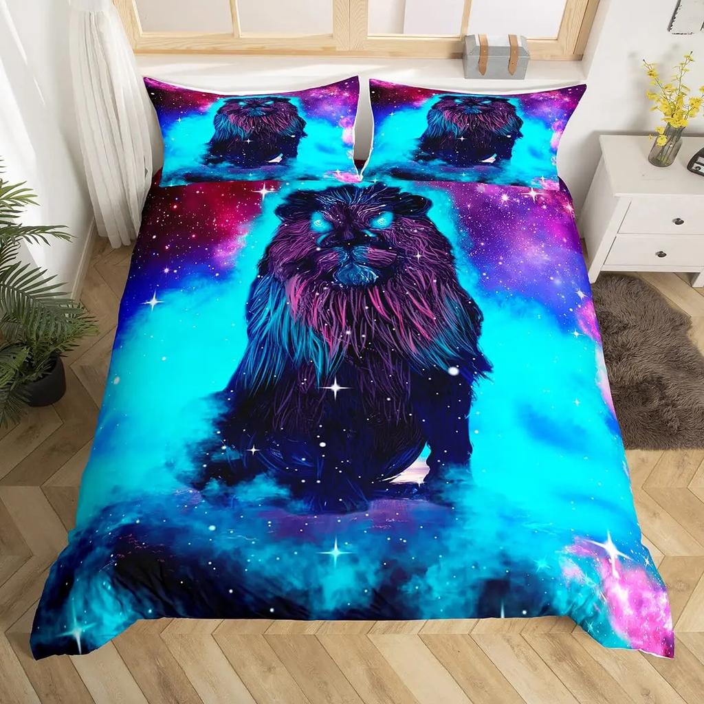Galaxy Tiger Duvet Cover Set Blue Nebulas Stars Moon Bedding Sets Outer Space Wildlife Sky Starry King Comforter Cover Set
