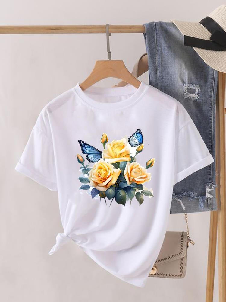 Aquarell Schmetterling Niedlich 90er Kleidung Damen Kurzarm T-Shirt Frauen Print Weiblich Grafik T-Shirts Mode Kleidung Lässiges T-Shirt