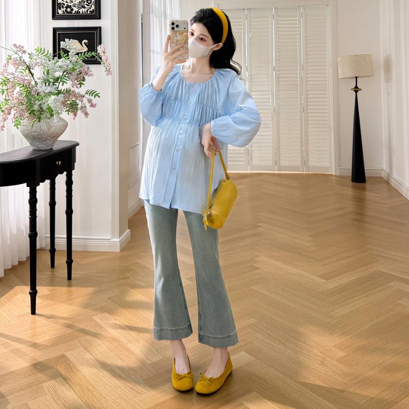 Spring 2026 Pleated Round Neck Maternity Doll Shirt XL