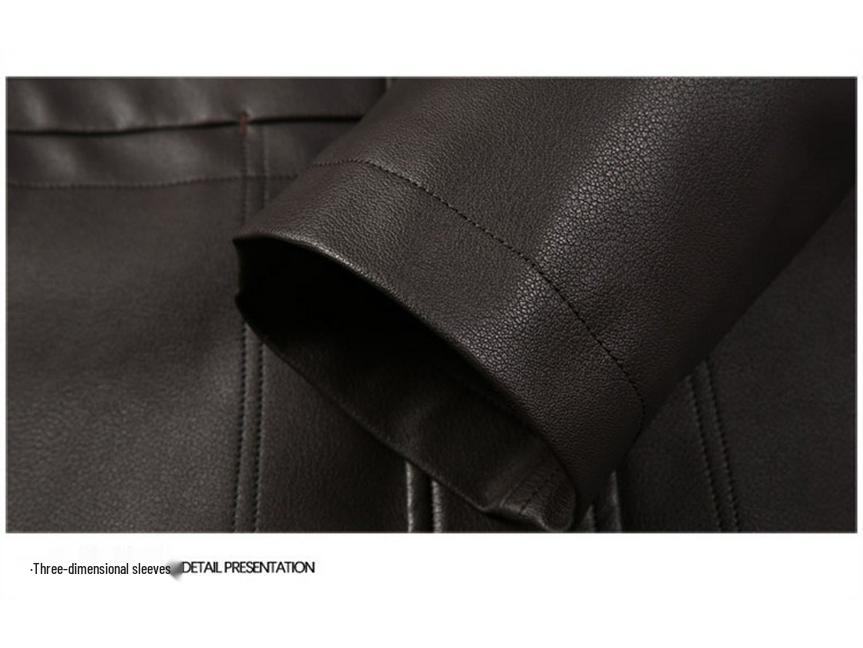 Men's Mid-Length Fleece-Lined Leather Jacket with Turn-Down Collar, Plus Size, Casual Coat