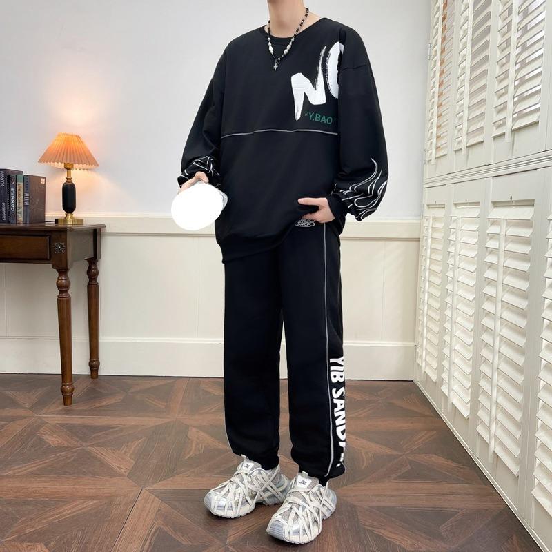 

Мужской повседневный спортивный костюм в стиле свежего студента, модный спортивный наряд, повседневная молодежная одежда для мальчиков, комплект из двух предметов с длинным рукавом для ношения под одеждой 5XL чёрный