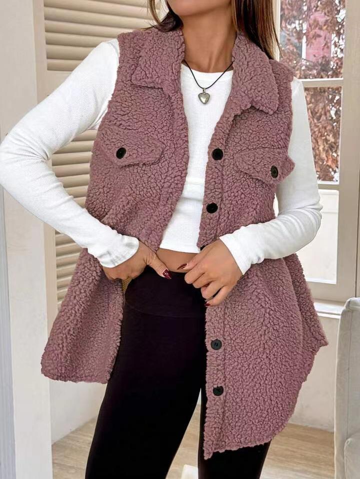 In-Stock Women's Fall/Winter Lapel Button-Up Plush Faux Lambswool Vest Coat - Loose Commuting Style