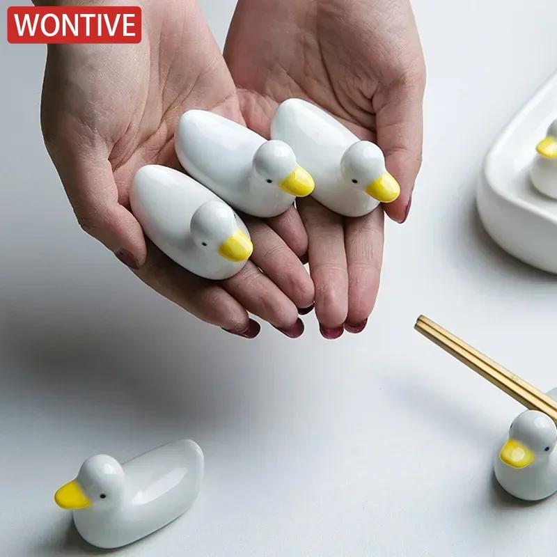 1-3PCS Duck Shape Ceramic Chopsticks Holder Spoon Rest Holders Fork Spatula Rack Shelf  Storage Organizer Kitchen Accessories