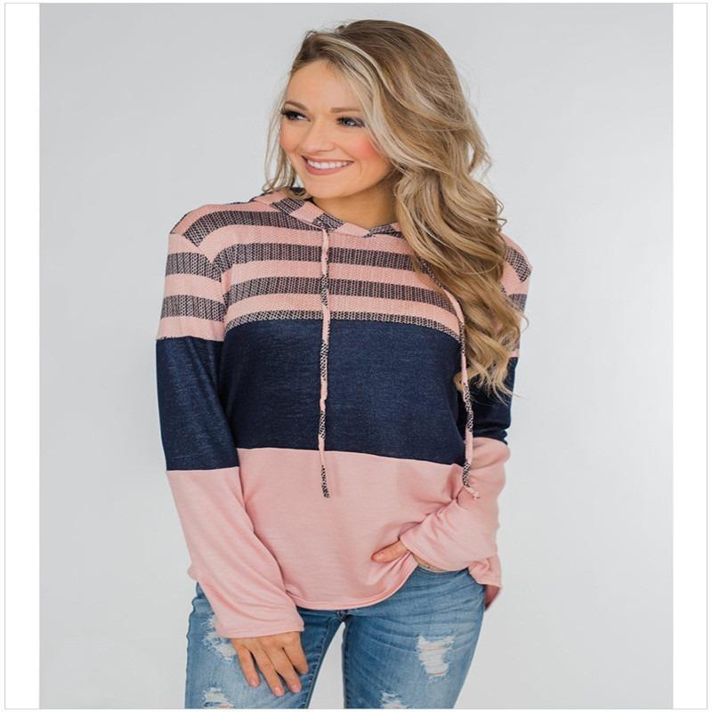 Loose Fit Color Block Long Sleeve Pullover Hoodie For Women