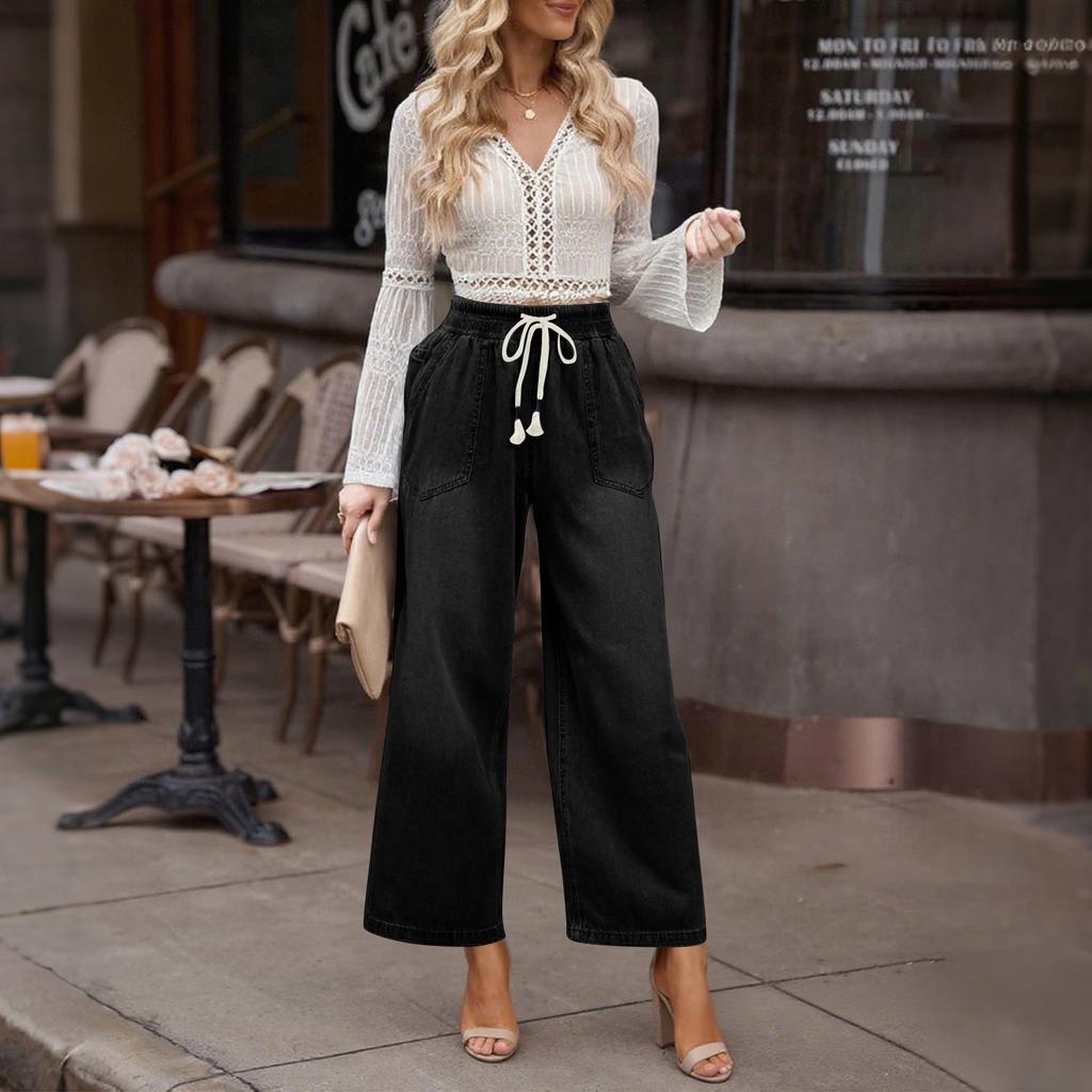 Women's Elastic Waist Loose Denim Wide-leg Pants