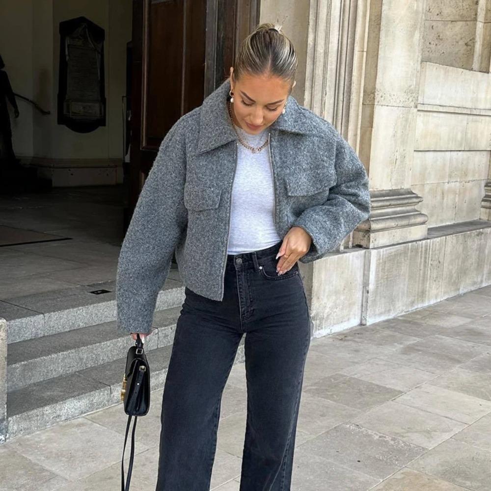 Tweed Cropped Jackets for Women Zip Bomber Jacket Long Sleeve Jackets Streetwear Coats and Jackets