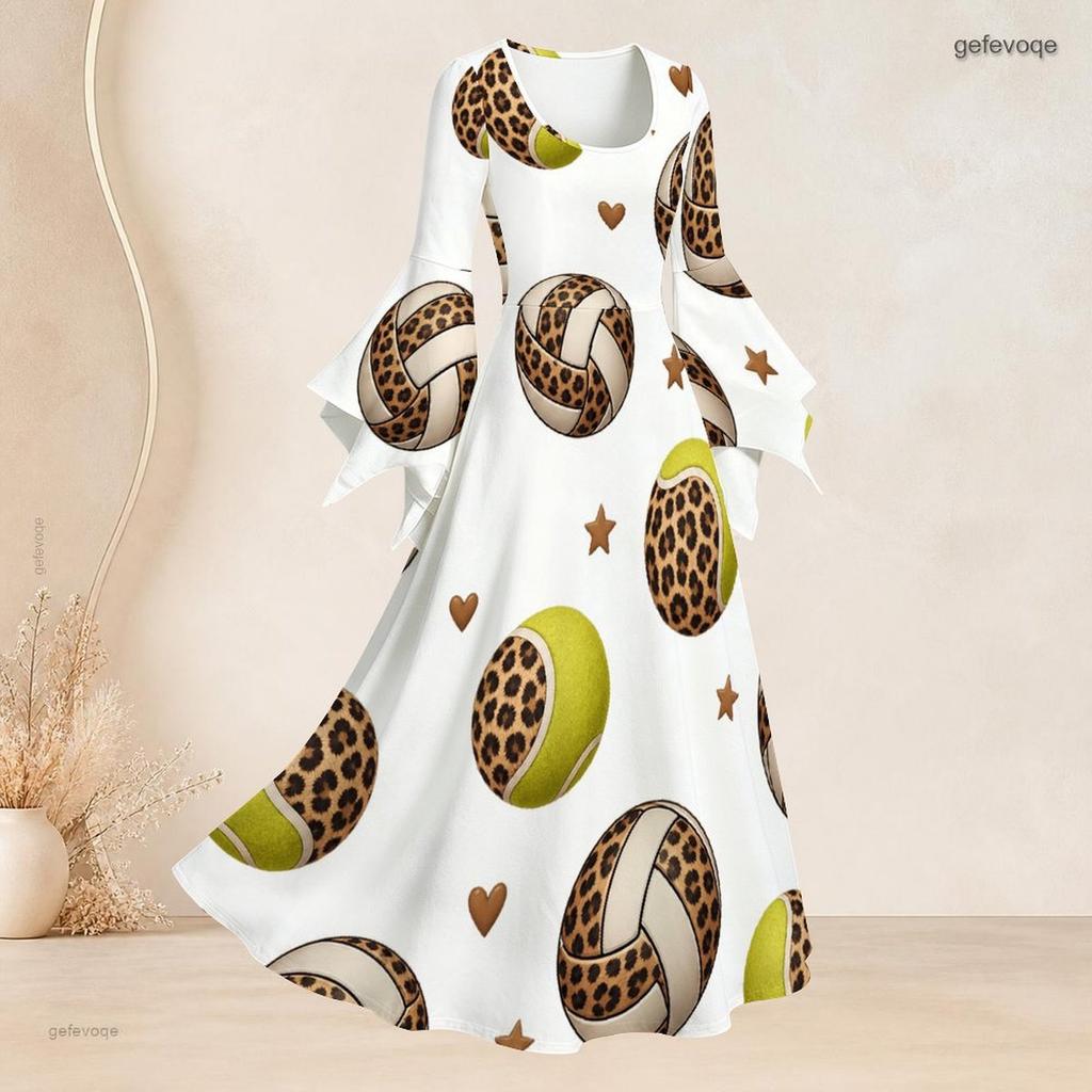 Women Plus Size Round Neck Bell Sleeve Leopard Sport Ball Print White Maxi Dress