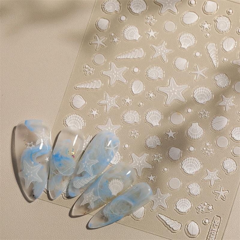 1 Sheet Ocean Shell Jellyfish Nail Stickers Colorful Shell Conch Seastar Adhesive Nail Decal Mermaid Aurora Beach Shell Slider
