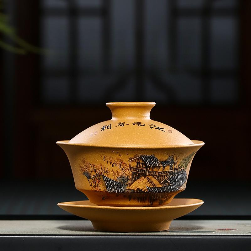 

135ml Yixing Zisha Clay Drawing Gaiwan Boutique Tea Tureen Tea Bowl With Lid Kit Tea Brewing Cover Bowl Kung Fu Tea Set Craft