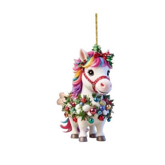 Christmas Pony Ornament 2D Acrylic Hanging Decor for Car And Tree Cute Horse Design Holiday Gift for Kids