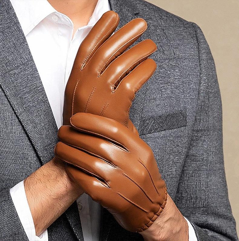 Velvet Linning Men Business Sheepskin Leather Gloves Winter Full Finger Touch Screen Brown Gloves Riding Motorcycle Gloves