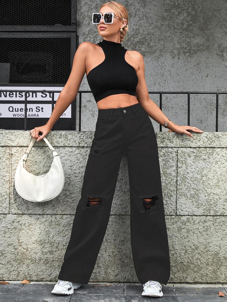 Women's INS Fashion Ripped High-Waisted Wide-Leg Jeans