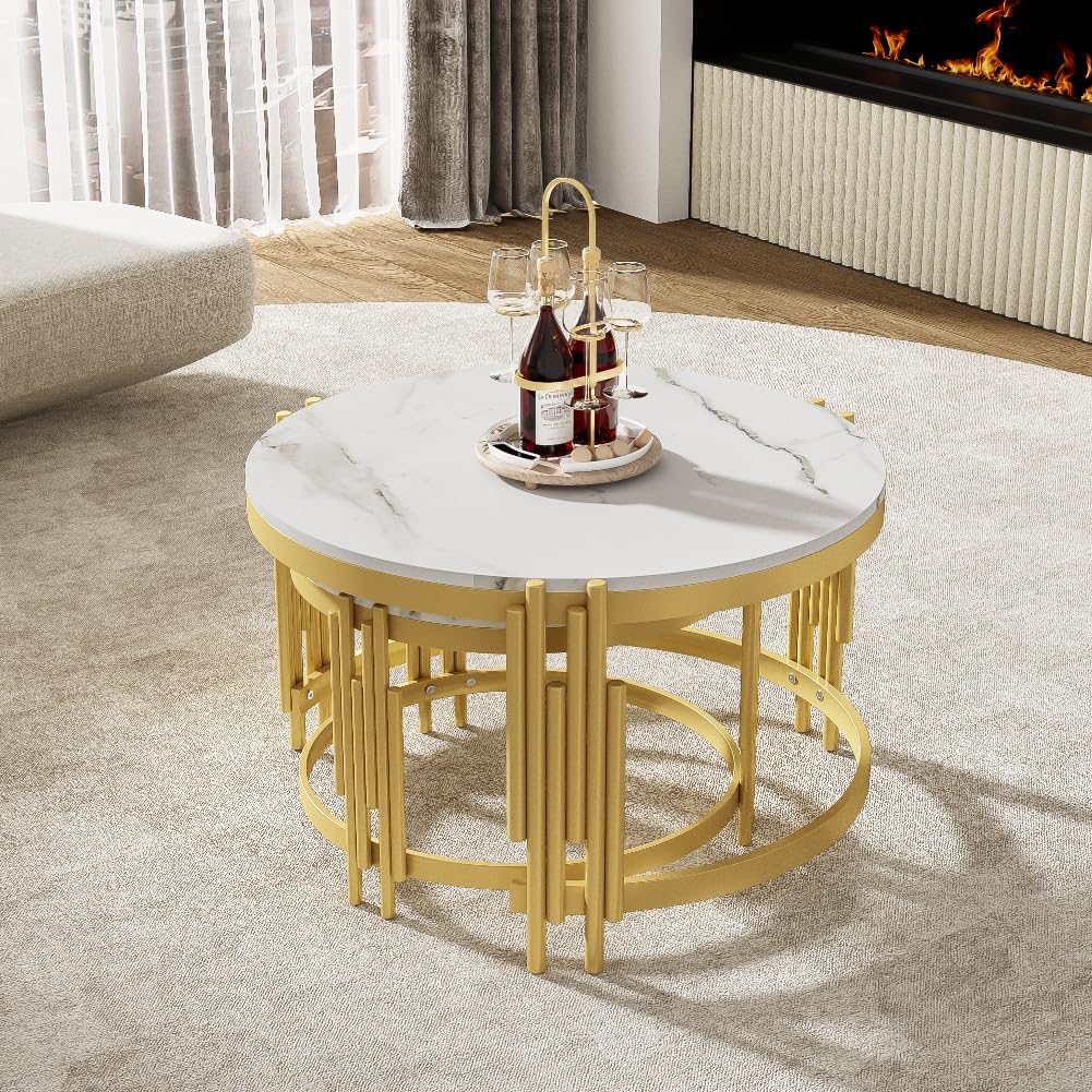 Modular Coffee Table Set, Marble Look, Golden Metal Frame, Round Tables In 2 Sizes, Nestable Design, Space-saving, Artistic Table Legs