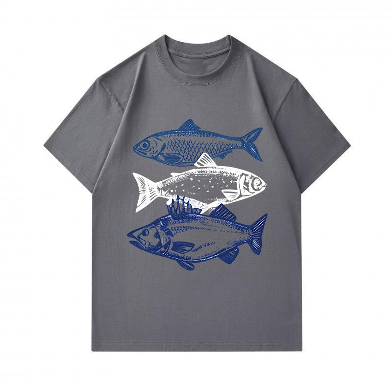 Men's 100% Cotton Crew Neck Short Sleeve T-Shirt, Vintage Three Fish Graphic Print Casual Lightweight Summer Tee for Daily Wear
