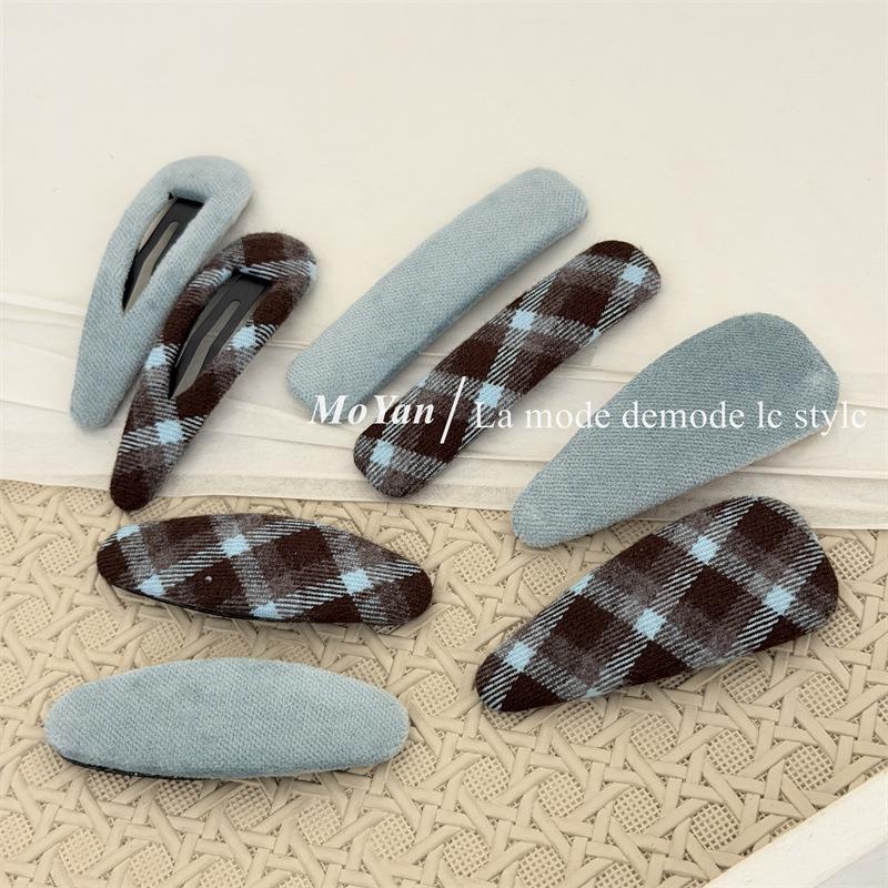 Korean Retro Blue Plaid Fabric Hair Clip - Celebrity Style Side BB Clip for Bangs