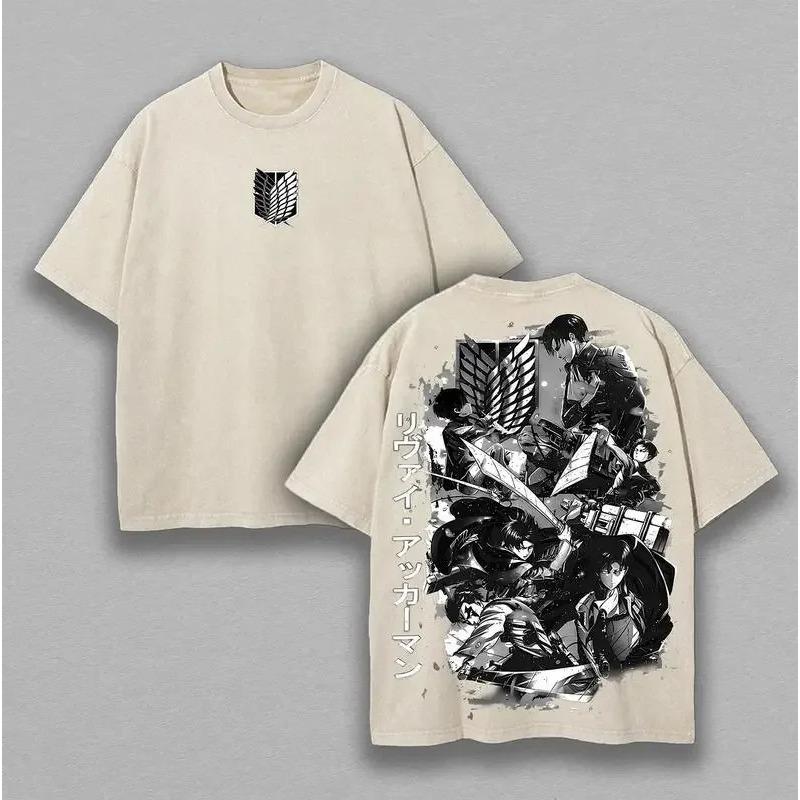 Hot Anime Attack On Titan Levi Ackerman Print T-shirt Men Short Sleeve Clothing Cotton Tshirt Retro Washed T Shirt Manga Tops