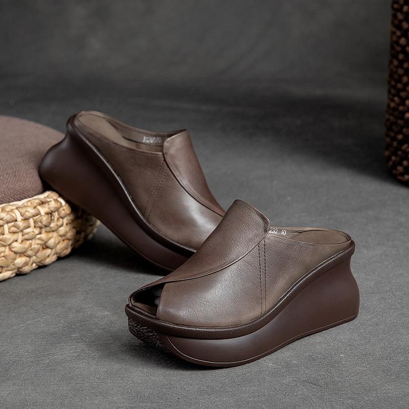 Summer Genuine Leather Fish Mouth Platform
