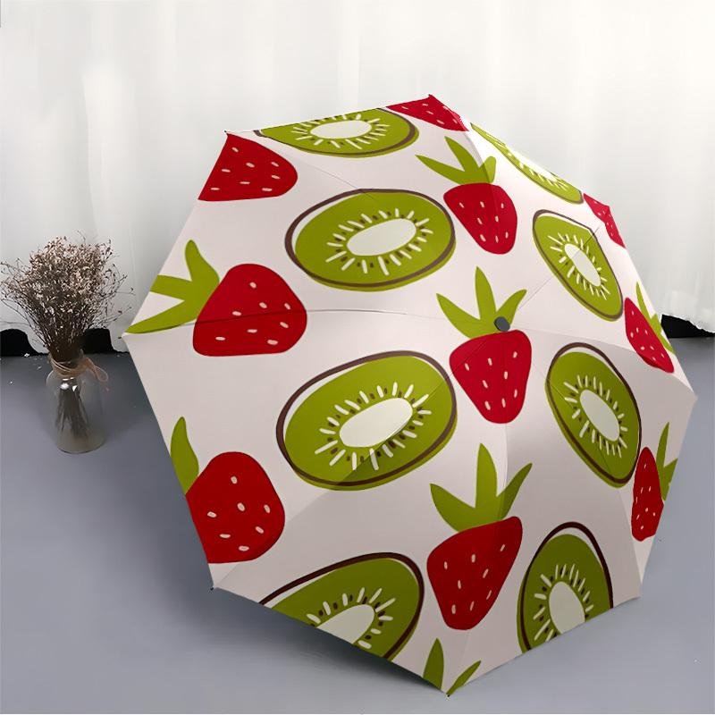 1pc Kiwi Strawberry Automatic Open/close Folding Compact Umbrella, 8-Rib Sturdy Canopy, Lightweight Portable, Everyday Use, Gift, Outdoor Umbrella, Tr