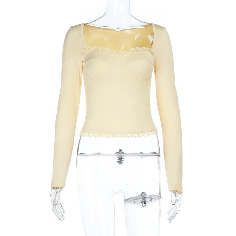 Women Sexy European Style Lace Long Sleeve Solid Color Slim Fit Pullover Top