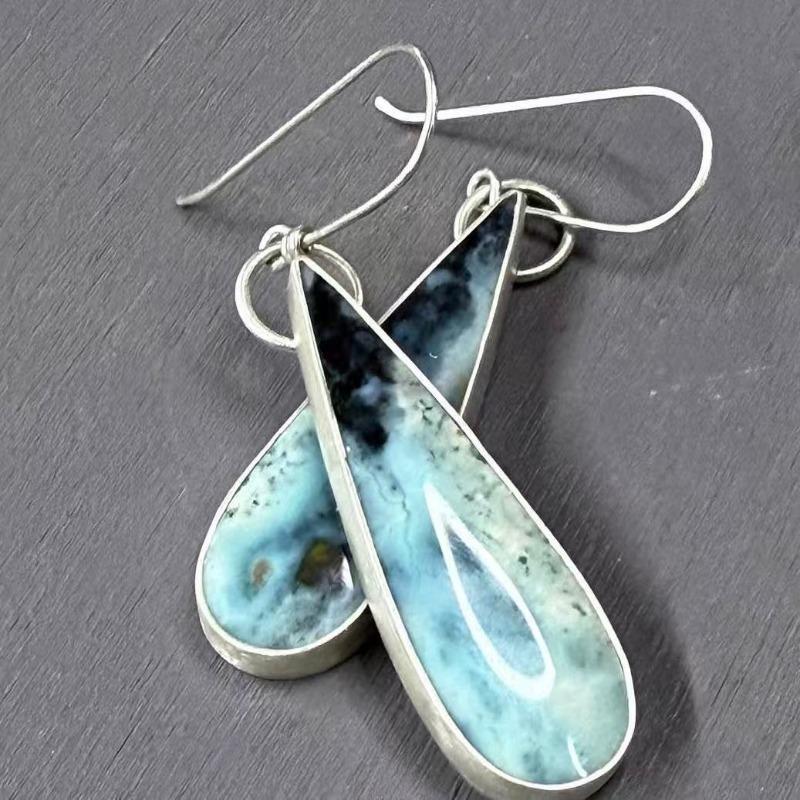 Vintage Waterdrop Inlaid Blue Stone Earrings Geometric Creativity Silver Color Dangle Earrings for Women