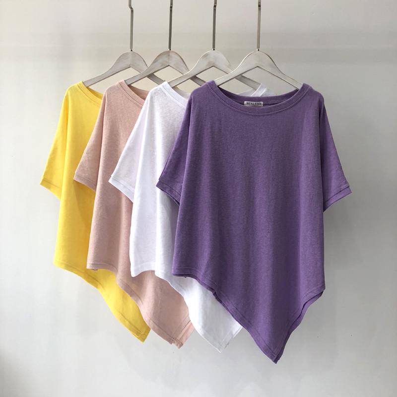Solid Color Irregular Hem Cotton T-Shirt - Women's Loose Short Sleeve Round Neck Summer Top
