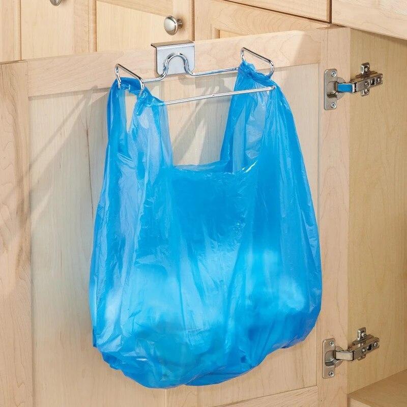 Kitchen Trash Rack Cabinet Door Garbage Bags Holder Stainless Steel Closet Garbage Storage Holder Towel Hanging