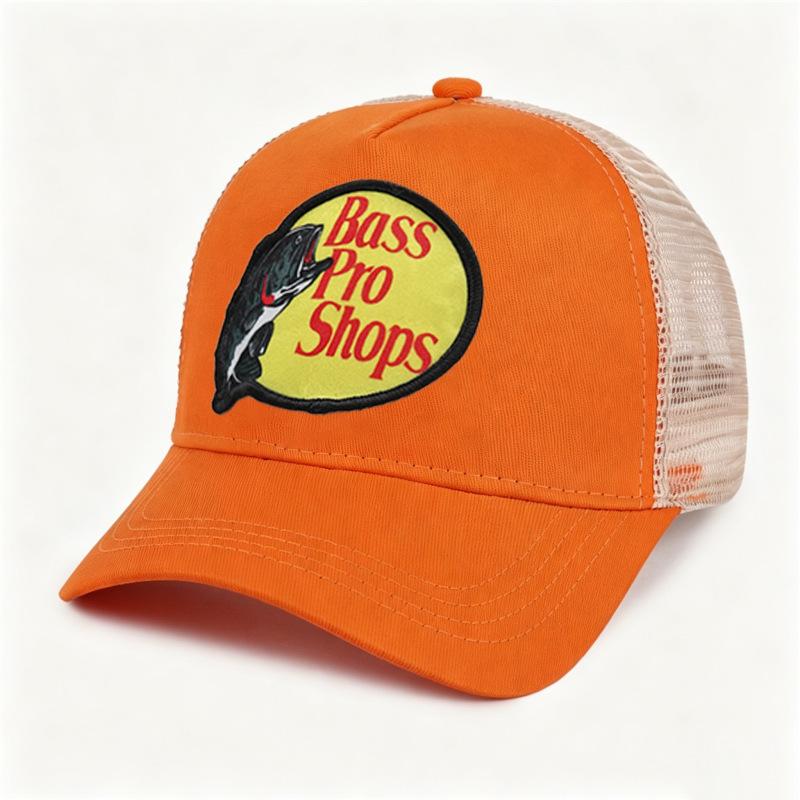 Bass embroidered mesh baseball cap, color-blocked baseball cap, men's summer breathable truck hat, high-top sun hat