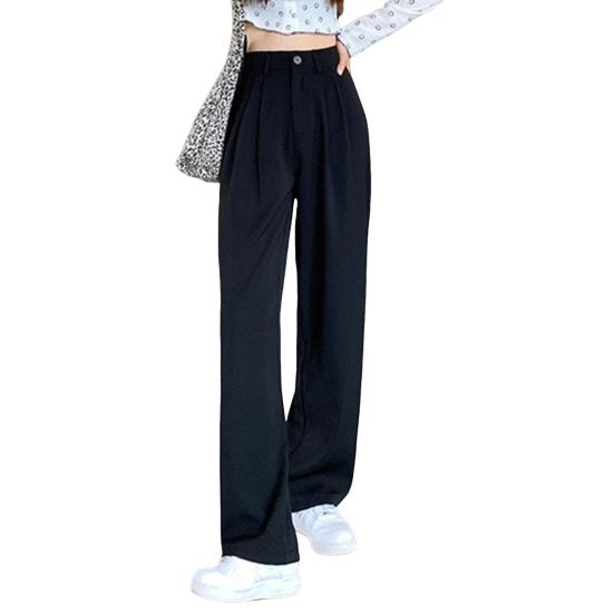 Women Suit Pants Button Zipper Fly High Waist Long Trousers Solid Color Straight Wide Leg Office Lady Pants