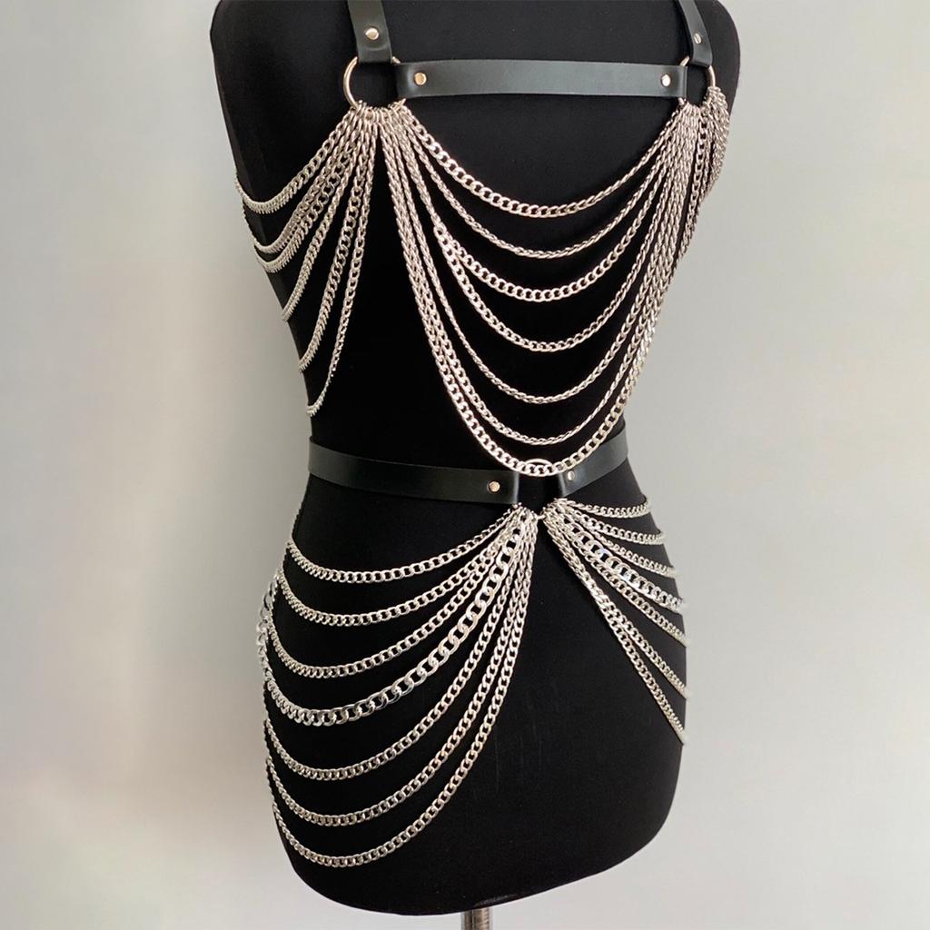 Ketten Kostüm Set, Gothic PU-Leder Weste, Handgefertigte Y2K Körperkette Metallbeschläge, Rave Outfit Brustgeschirr Gürtel Kette.
