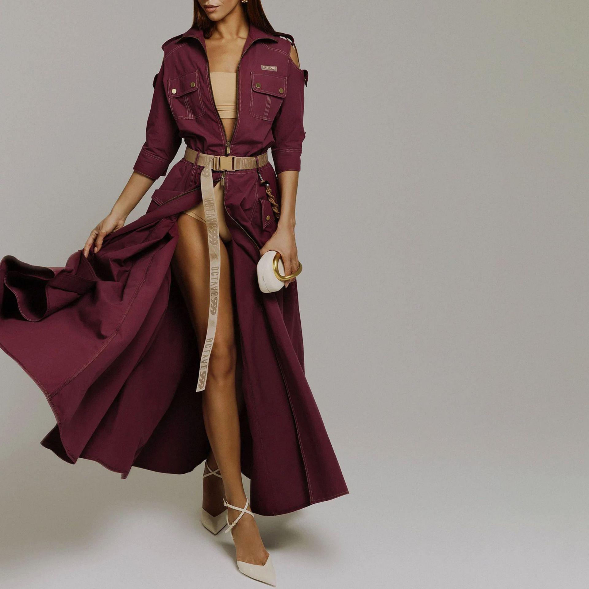 

Ретро отложной воротник с открытыми плечами рукав три четверти молния пояс карманы разрез завышенная талия макси платья L