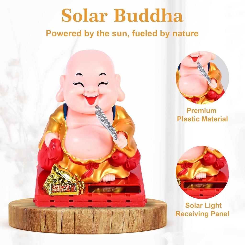 Car Dashboard Decoration Items – Solar Buddha Monk with Moving Head & Hand Holding Money Potli | Feng Shui Good Luck Buddha