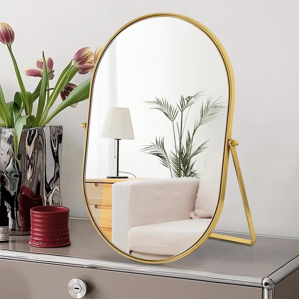 Schminkspiegel mit 90° verstellbarer Drehung, ovaler goldener Metallrahmen, stehender Tischspiegel für Schlafzimmer Badezimmer