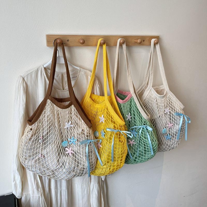 Sac à bandoulière tissé creux en polyester Style coréen Poches Sacs à main en maille Grande capacité Bordure Sacs cabas d'été pour la plage