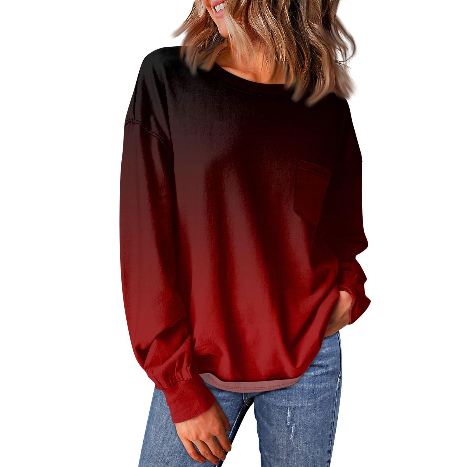 

Женский повседневный свободный топ с круглым вырезом и карманами с градиентным принтом и длинными рукавами XL винный