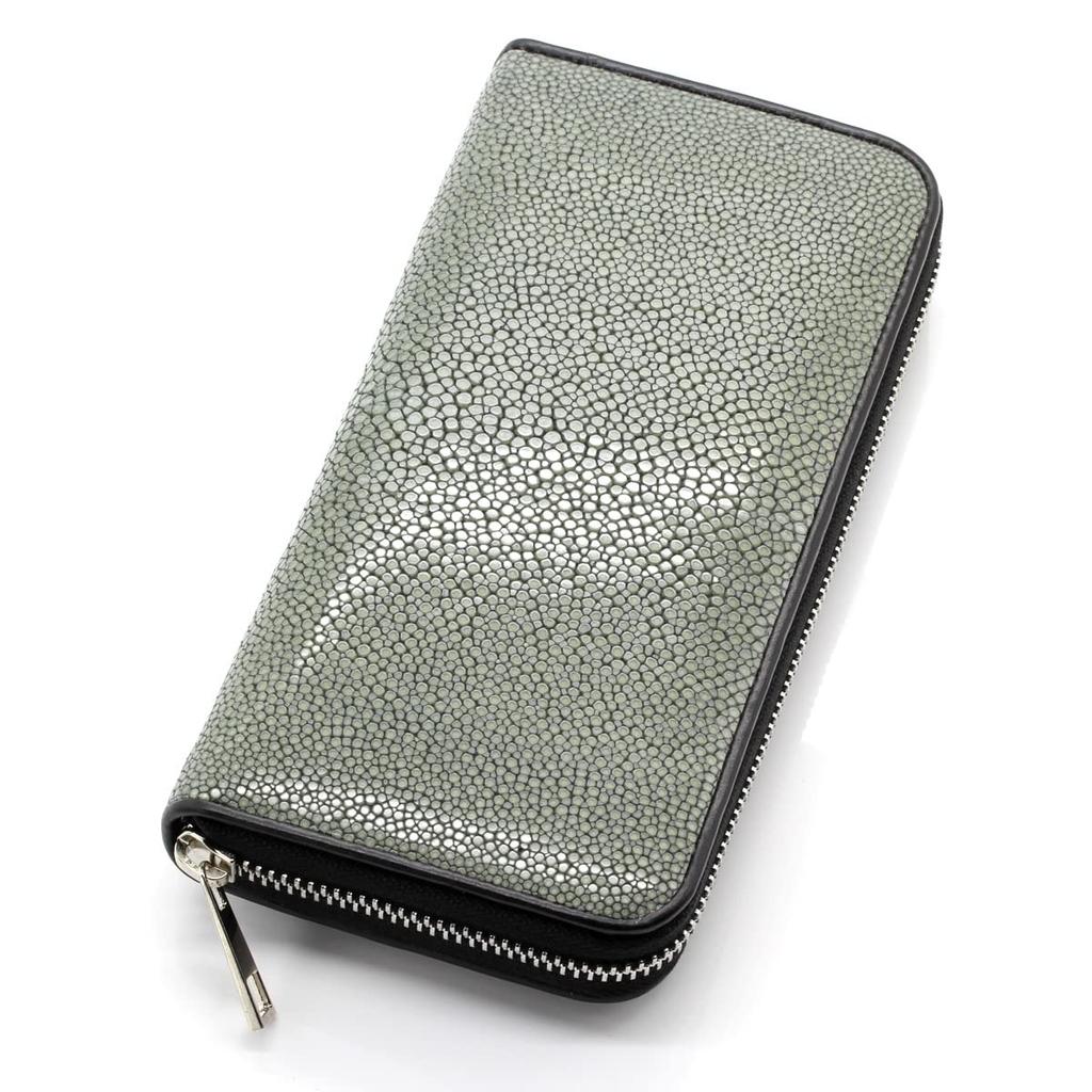 [Revetta] Langbörse aus Rochenleder, Rundreißverschluss, Rochen Galuchat, Grau, Echtes Leder, Schwarzes Lederinnenfutter [194stw]