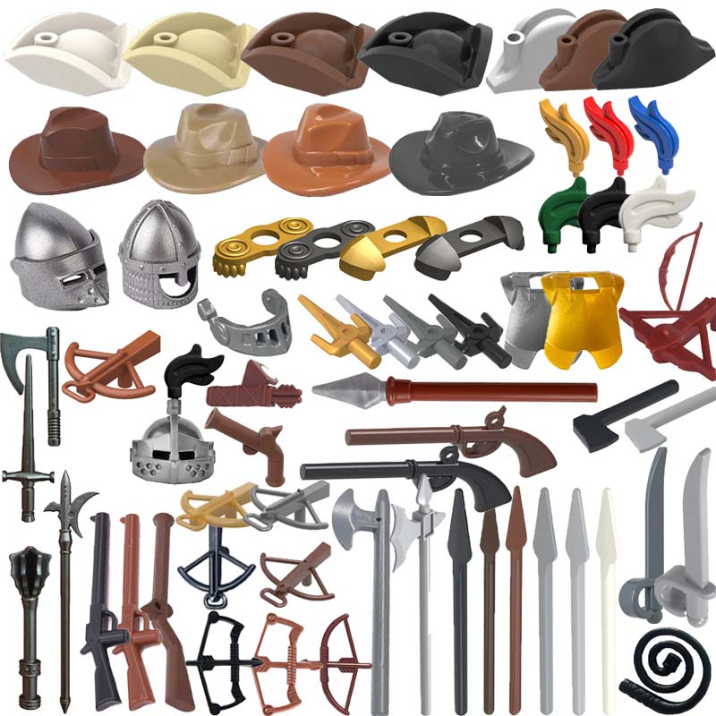 MOC Armes Médiévales Accessoire Briques Soldat Figurine Chapeau de Cow-boy Fusil de Chasse Arbalète Lance Armure Casque Masque Brique Jouet