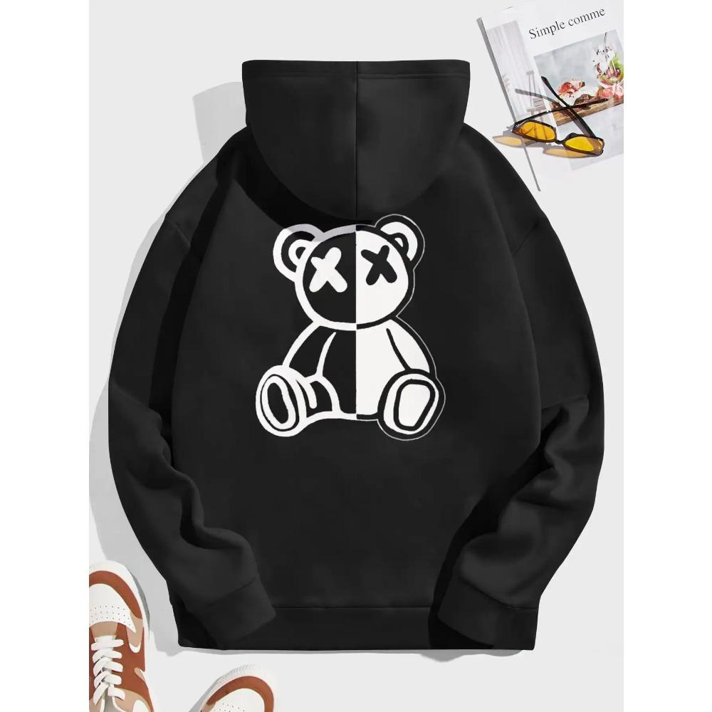 Winter Loose and Comfortable Hoodie Men's Cartoon Bear Print Fleece Sweatshirt Long Sleeve S-3XL