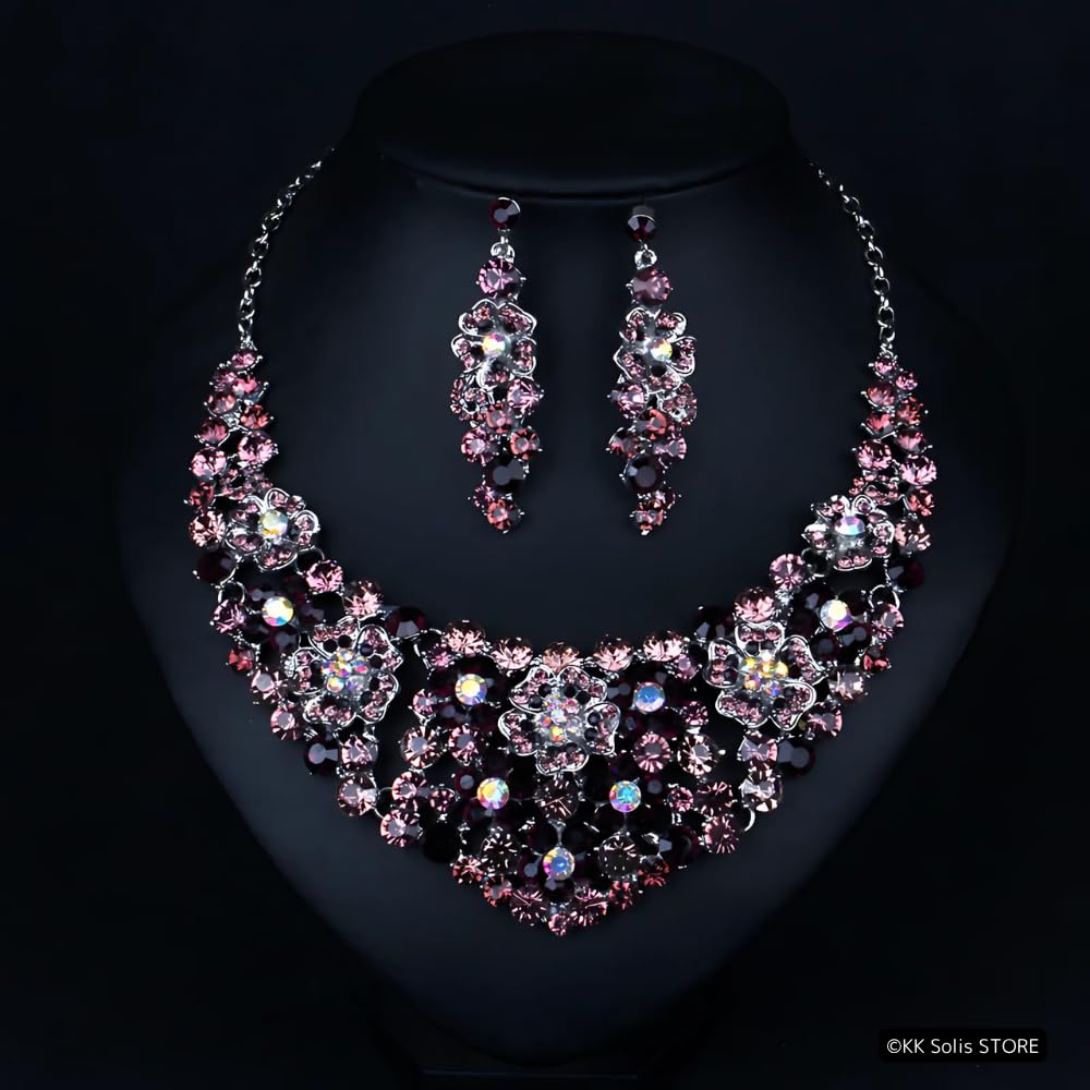 [KK Solis] Flower Luxury Rhinestone Necklace & EarringsClip-on Earrings Set  Bridal, Stage, Concert, Dance Accessories, Ballroom Dance, Belly Dance,