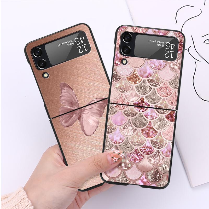 Hülle Funda für Samsung Galaxy Z Flip 4 Z Flip 3 5g Zflip Zflip3 Flip4 Hart-PC Gold Rosa Rose Glitzer Herzen Fundas Hart-PC