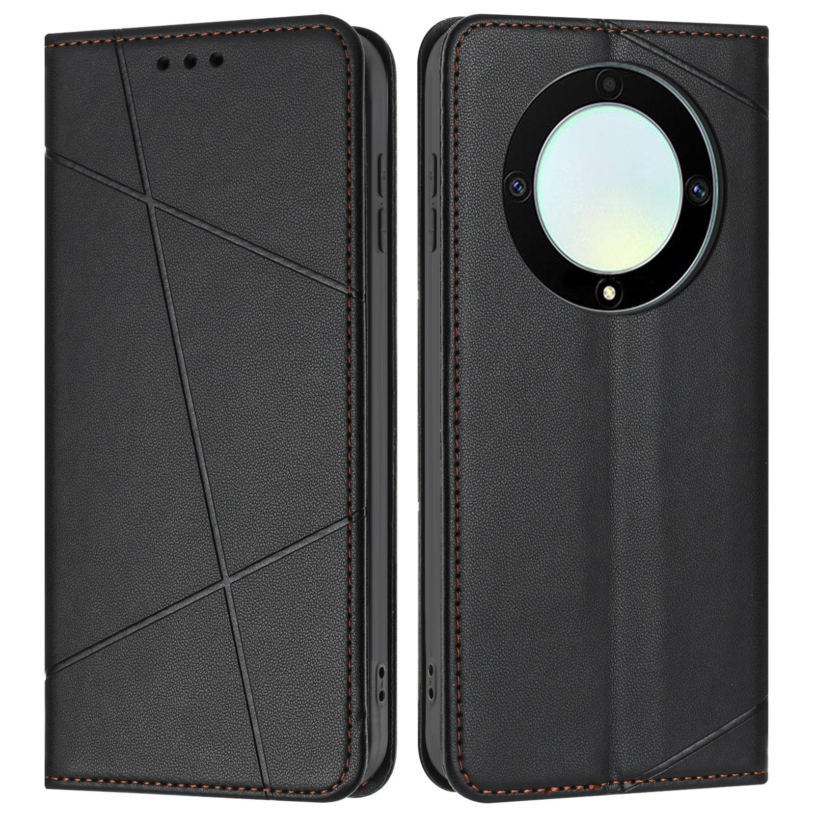 

For Honor Magic5 Lite 5G/X9a 5G Wallet Case Line Imprinted Leather Stand Phone Cover with Wrist Strap Black