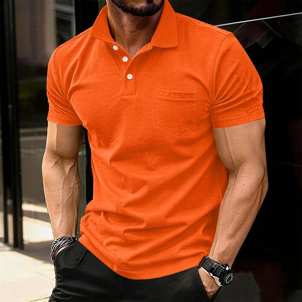 Herren Kurzarm Polohemd Baumwollmischung Klassische Passform Weicher Stoff Taschendesign Lässiger Kragen Oberteil