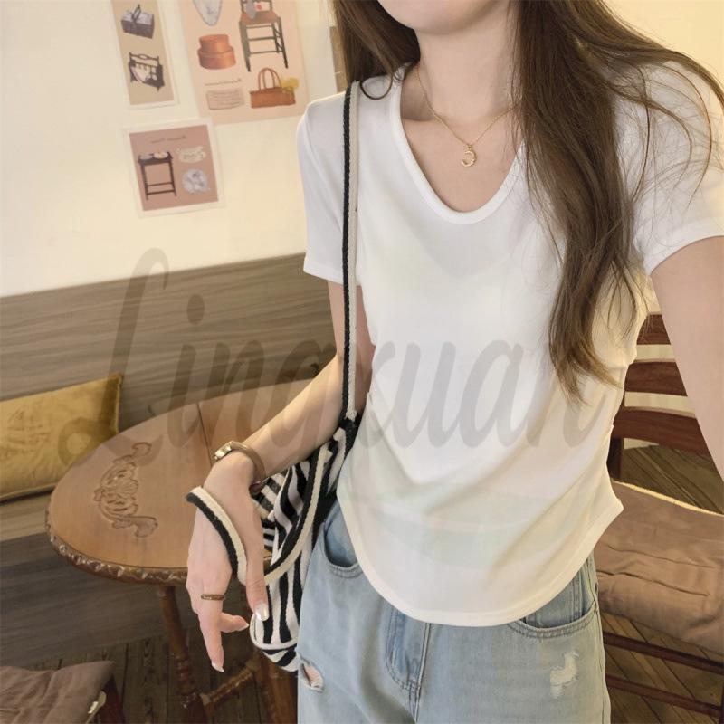 Spring/Summer Korean Style Slimming V-Neck Pleated Short Sleeve T-Shirt