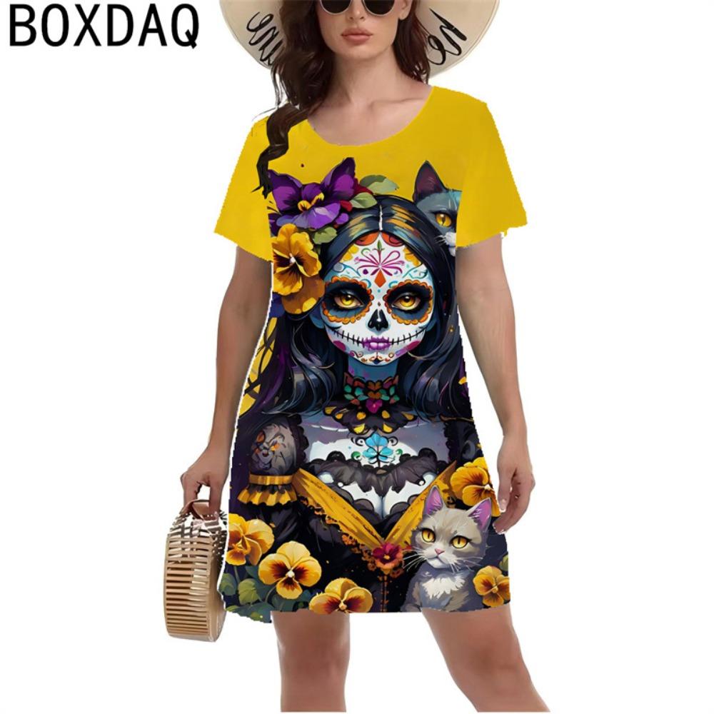 3D Horror Totenkopf Retro Stil Damen Y2K Stil Rosenmuster Minikleid Kurzarm O-Ausschnitt Lässig A-Linie Kleid Sommer