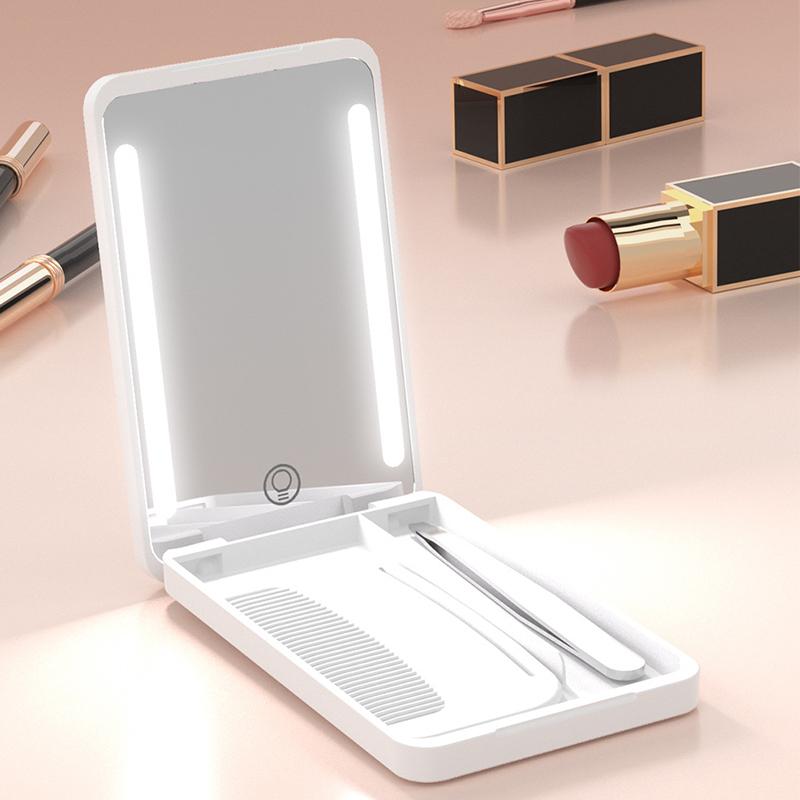Folding Makeup Mini Mirror with LED Light with Pocket for Comb and Eyebrow Clip Portable Travel Makeup Mirror with Type-C Cable