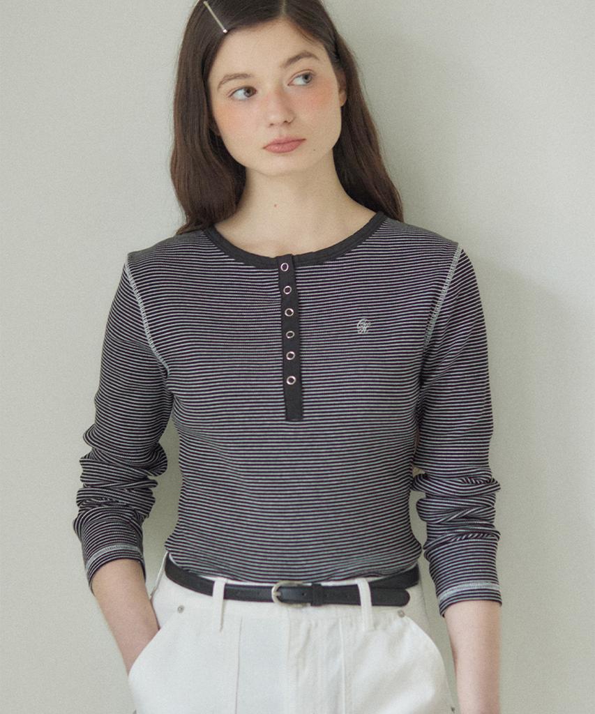 OURHOPE Logo Henley Neck Slim Striped Sleeve T-Shirt - Black