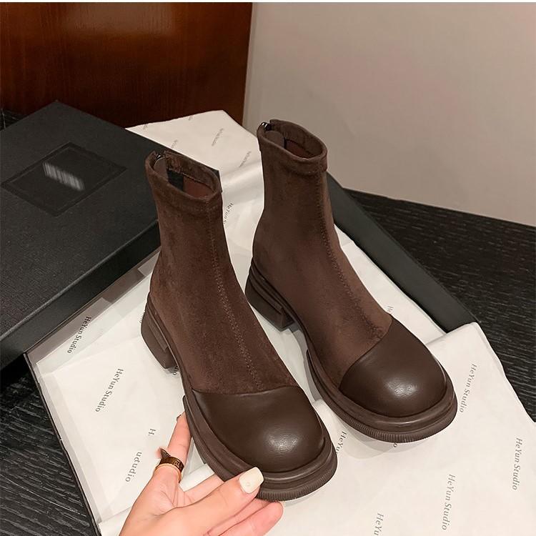 Elastic Sleeve Martin Boots Women's Autumn and Winter New Versatile Slim Short Boots Retro Thick Heel Boots