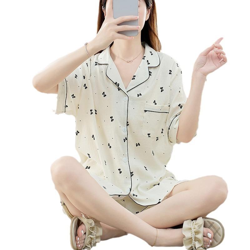 Summer fashion high-end pajamas printed short-sleeved shirts pajamas are comfortable and can be worn at home