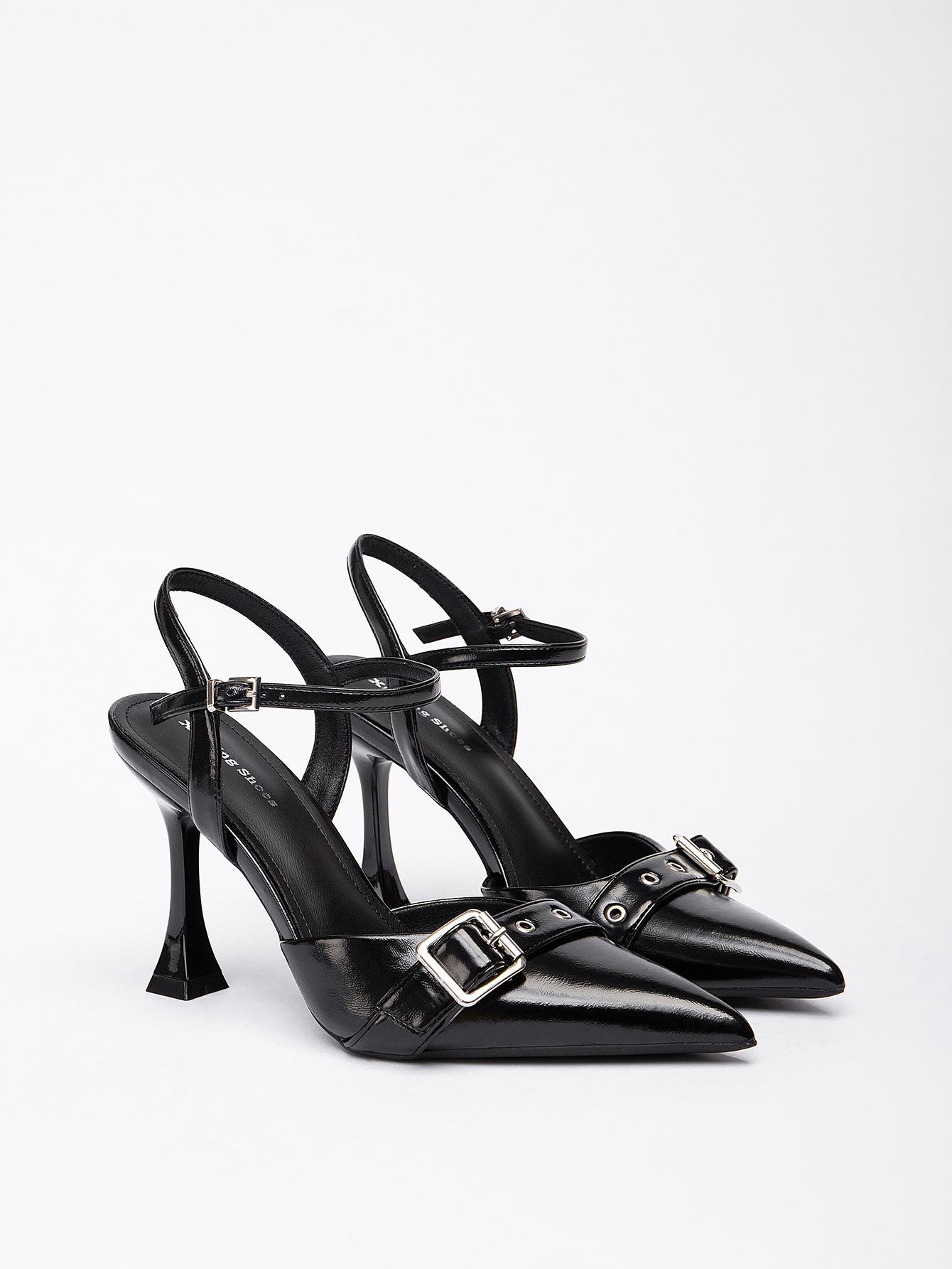 

7199-3 Belt buckle bag head single shoes women s new spring and autumn outer wear one word with thin heel pointed single shoes women s shoes 35 чёрный