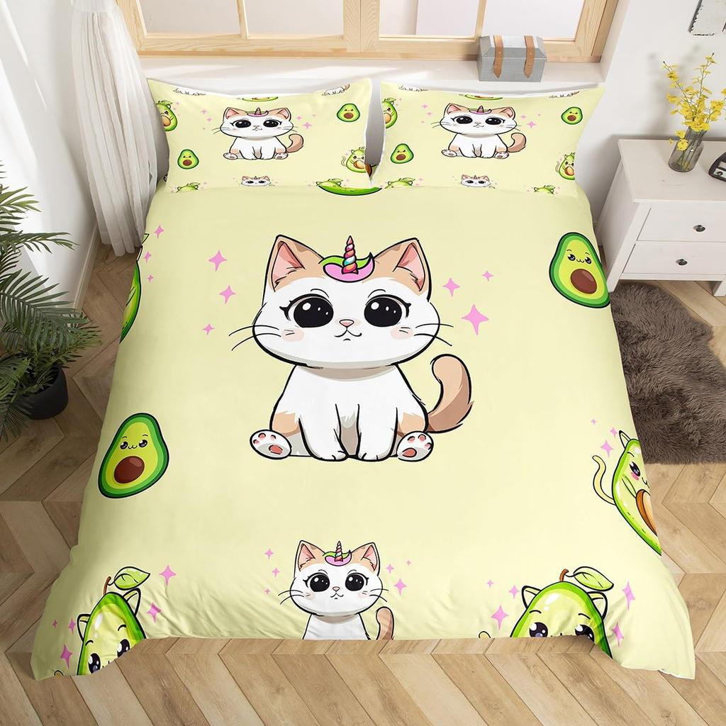 Kawaii Cat Duvet Cover Pink Bowknot Kitten Bedding Set Sweet Pet Animal Comforter Cover Princess Bow Girly Polyester Quilt Cover