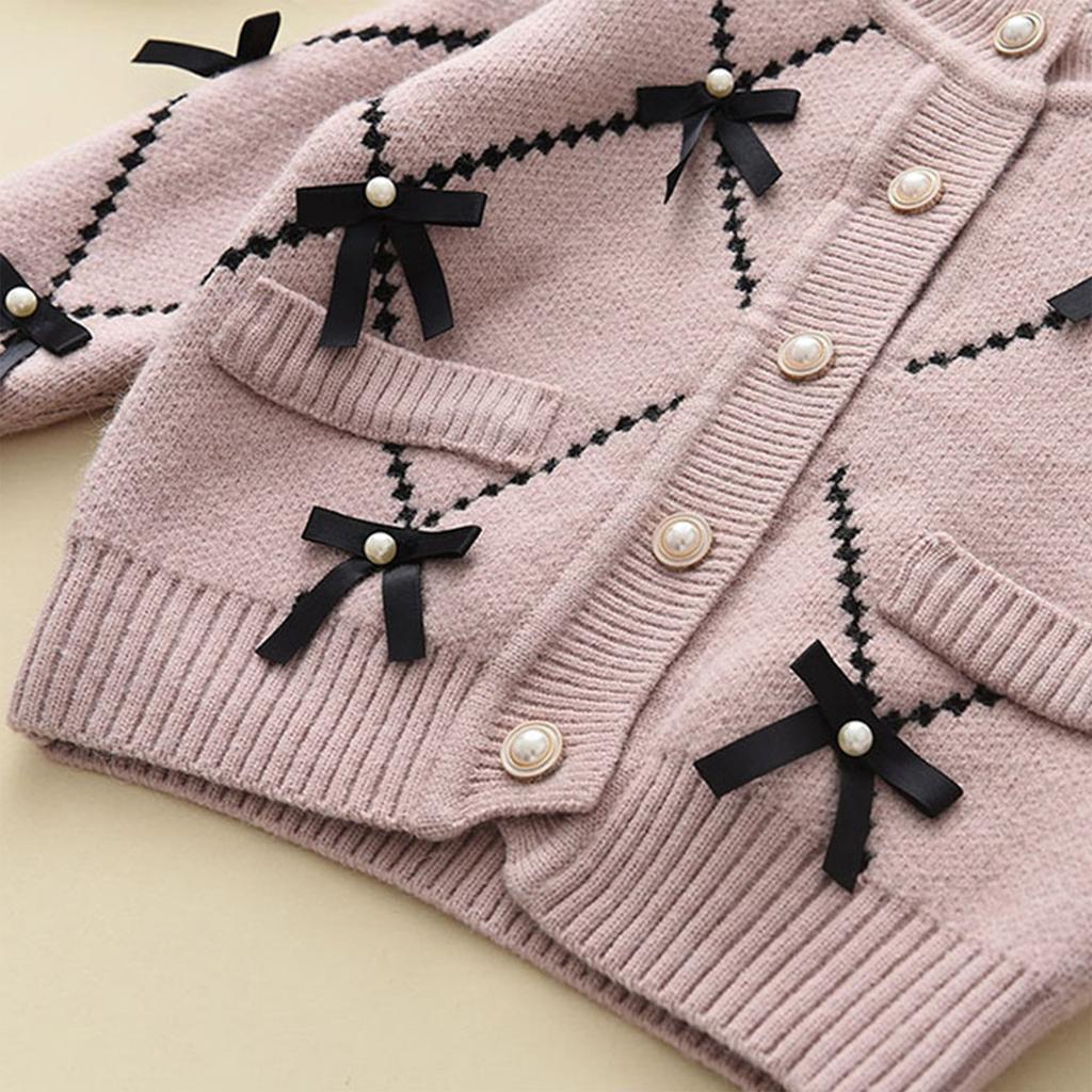 Girl's Bow Sweater Cardigan+Knitted Wide Leg Pants Two-piece Set